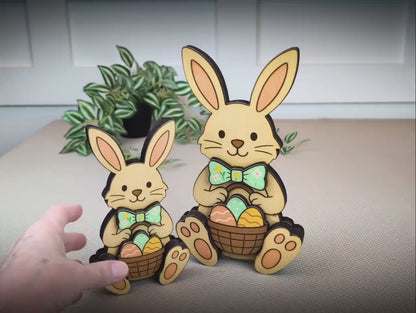 Easter Bunny Shelf Sitter – Personalized Wooden Decor, Two Sizes, Basket of Eggs, Perfect Mantel or Tiered Tray Decor