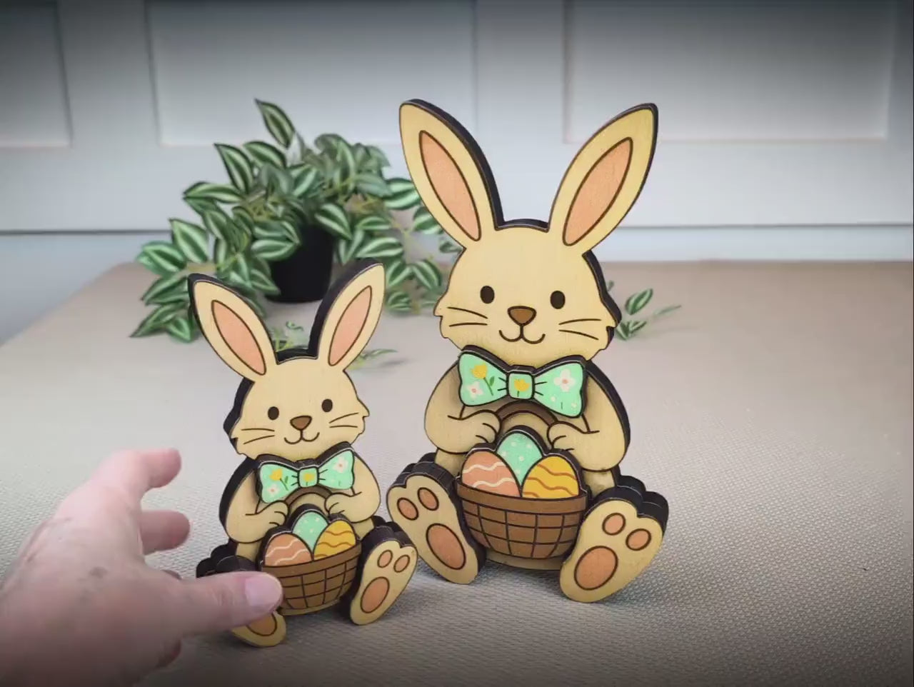 Easter Bunny Shelf Sitter – Personalized Wooden Decor, Two Sizes, Basket of Eggs, Perfect Mantel or Tiered Tray Decor