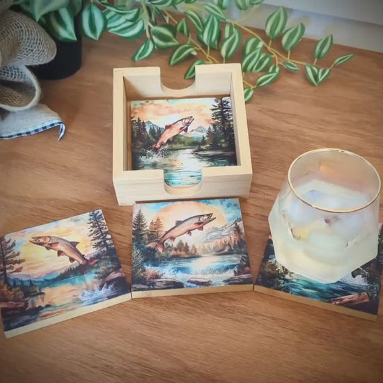 Personalized rustic wooden trout fishing drink coaster set of 4, modern farmhouse, fly fishing lovers gift, caddy included, decorative table