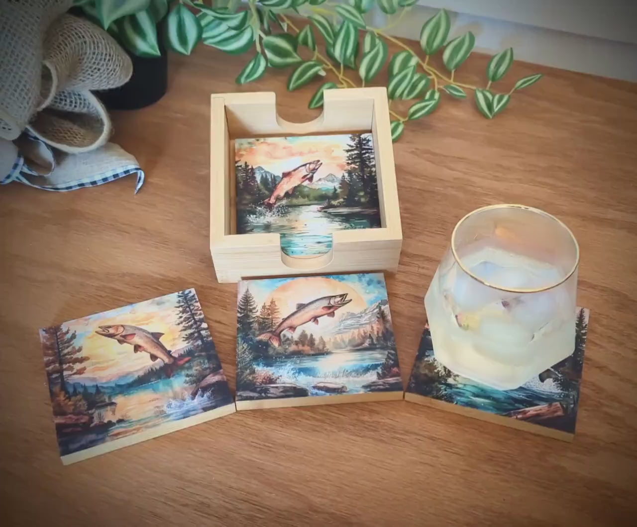 Personalized rustic wooden trout fishing drink coaster set of 4, modern farmhouse, fly fishing lovers gift, caddy included, decorative table
