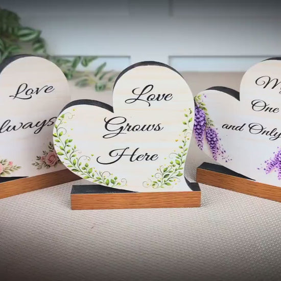 Valentine Day Heart Shelf Sitters – Personalized Wooden Hearts with Floral Accents Set of 3 – Wooden Mantel & Tiered Tray Decor