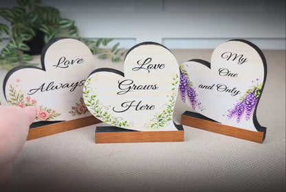 Valentine Day Heart Shelf Sitters – Personalized Wooden Hearts with Floral Accents Set of 3 – Wooden Mantel & Tiered Tray Decor