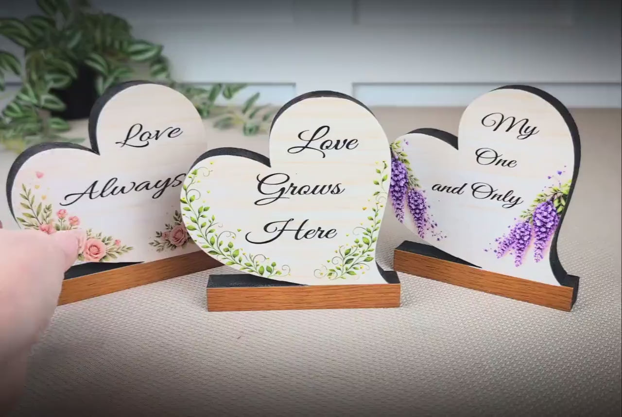 Valentine Day Heart Shelf Sitters – Personalized Wooden Hearts with Floral Accents Set of 3 – Wooden Mantel & Tiered Tray Decor