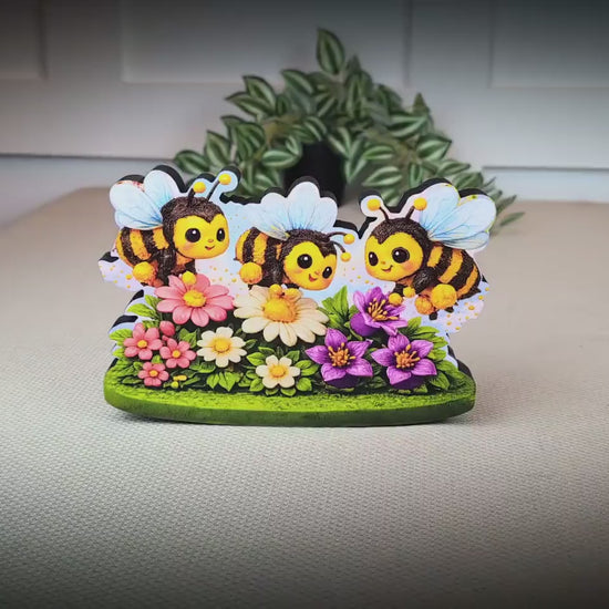Personalized Bees and Spring Flowers Shelf Sitter – Custom Name, Wooden Bumble Bee Mantel & Tiered Tray Decor