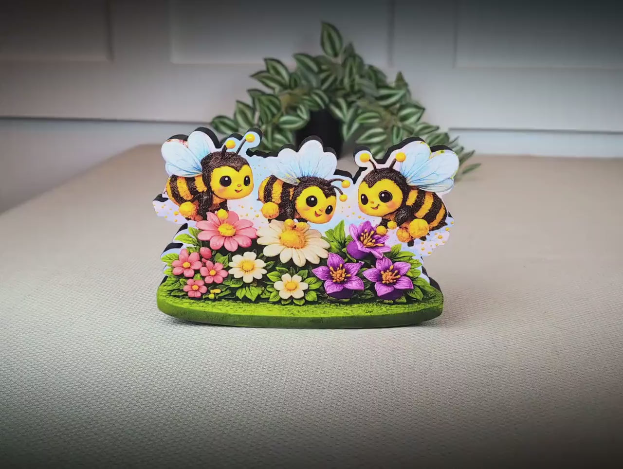 Personalized Bees and Spring Flowers Shelf Sitter – Custom Name, Wooden Bumble Bee Mantel & Tiered Tray Decor